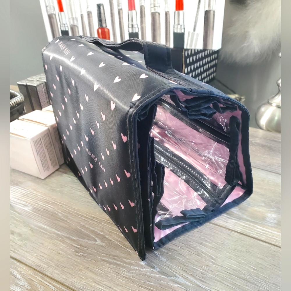 New Mary Kay black with pink heart print large cosmetic toiletry roll up bag